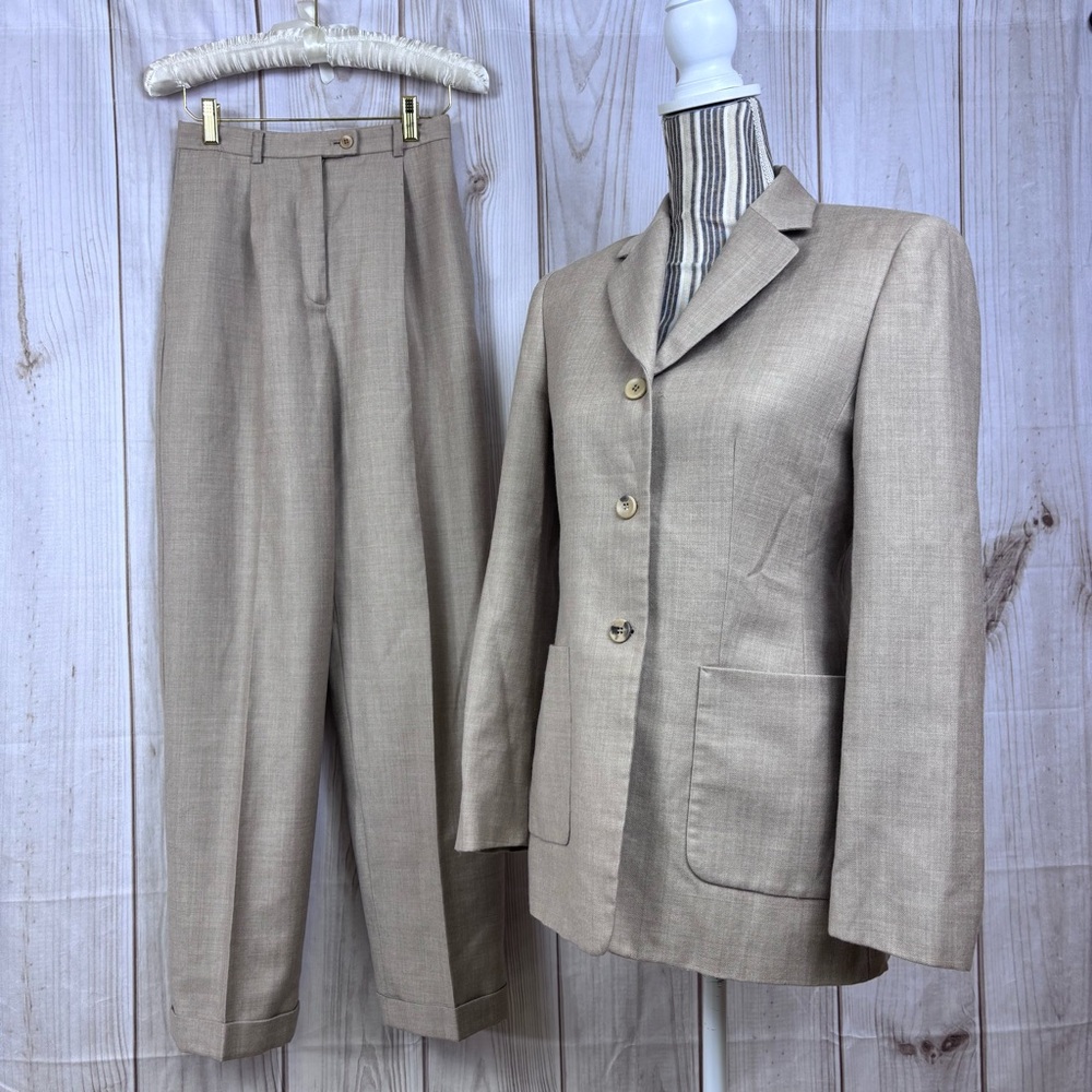 Casual Corner Wool Blazer & Pants Set Fully Lined Business Office Tan Size 2/4